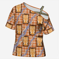 Aloha Hawaii Tiki Palaka Motifs Cross Shoulder Shirt Honohono Lei Orange Elegant Vibes