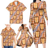 Aloha Hawaii Tiki Palaka Motifs Family Matching Long Sleeve Bodycon Dress and Hawaiian Shirt Honohono Lei Orange Elegant Vibes LT14 - Polynesian Pride