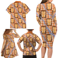 Aloha Hawaii Tiki Palaka Motifs Family Matching Long Sleeve Bodycon Dress and Hawaiian Shirt Honohono Lei Orange Elegant Vibes LT14 - Polynesian Pride