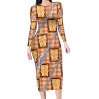 Aloha Hawaii Tiki Palaka Motifs Family Matching Long Sleeve Bodycon Dress and Hawaiian Shirt Honohono Lei Orange Elegant Vibes LT14 Mom's Dress Orange - Polynesian Pride