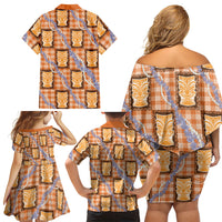 Aloha Hawaii Tiki Palaka Motifs Family Matching Off Shoulder Short Dress and Hawaiian Shirt Honohono Lei Orange Elegant Vibes LT14 - Polynesian Pride