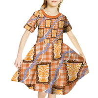 Aloha Hawaii Tiki Palaka Motifs Kid Short Sleeve Dress Honohono Lei Orange Elegant Vibes