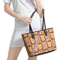 Aloha Hawaii Tiki Palaka Motifs Leather Tote Bag Honohono Lei Orange Elegant Vibes