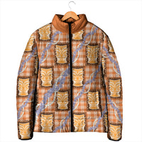 Aloha Hawaii Tiki Palaka Motifs Padded Jacket Honohono Lei Orange Elegant Vibes