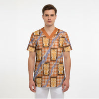 Aloha Hawaii Tiki Palaka Motifs Scrub Top Honohono Lei Orange Elegant Vibes