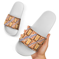 Aloha Hawaii Tiki Palaka Motifs Slide Sandals Honohono Lei Orange Elegant Vibes