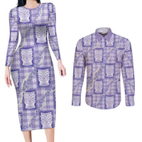 Aloha Hawaii Tiki Palaka Motifs Couples Matching Long Sleeve Bodycon Dress and Long Sleeve Button Shirt Honohono Lei Purple Elegant Vibes LT14 Purple - Polynesian Pride