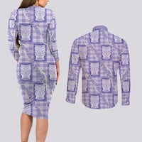 Aloha Hawaii Tiki Palaka Motifs Couples Matching Long Sleeve Bodycon Dress and Long Sleeve Button Shirt Honohono Lei Purple Elegant Vibes LT14 - Polynesian Pride