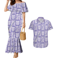 Aloha Hawaii Tiki Palaka Motifs Couples Matching Mermaid Dress and Hawaiian Shirt Honohono Lei Purple Elegant Vibes
