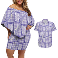Aloha Hawaii Tiki Palaka Motifs Couples Matching Off Shoulder Short Dress and Hawaiian Shirt Honohono Lei Purple Elegant Vibes
