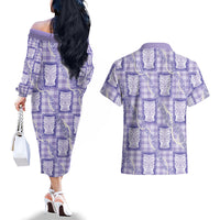 Aloha Hawaii Tiki Palaka Motifs Couples Matching Off The Shoulder Long Sleeve Dress and Hawaiian Shirt Honohono Lei Purple Elegant Vibes