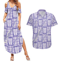 Aloha Hawaii Tiki Palaka Motifs Couples Matching Summer Maxi Dress and Hawaiian Shirt Honohono Lei Purple Elegant Vibes LT14 Purple - Polynesian Pride