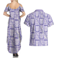 Aloha Hawaii Tiki Palaka Motifs Couples Matching Summer Maxi Dress and Hawaiian Shirt Honohono Lei Purple Elegant Vibes LT14 - Polynesian Pride