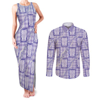 Aloha Hawaii Tiki Palaka Motifs Couples Matching Tank Maxi Dress and Long Sleeve Button Shirt Honohono Lei Purple Elegant Vibes