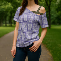 Aloha Hawaii Tiki Palaka Motifs Cross Shoulder Shirt Honohono Lei Purple Elegant Vibes