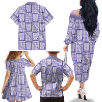 Aloha Hawaii Tiki Palaka Motifs Family Matching Off The Shoulder Long Sleeve Dress and Hawaiian Shirt Honohono Lei Purple Elegant Vibes