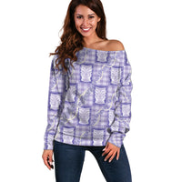 Aloha Hawaii Tiki Palaka Motifs Off Shoulder Sweater Honohono Lei Purple Elegant Vibes