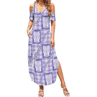 Aloha Hawaii Tiki Palaka Motifs Summer Maxi Dress Honohono Lei Purple Elegant Vibes