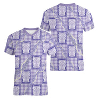 Aloha Hawaii Tiki Palaka Motifs Women V-Neck T-Shirt Honohono Lei Purple Elegant Vibes