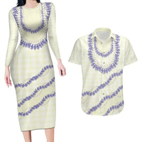 Hawaii Honohono Palaka Motifs Couples Matching Long Sleeve Bodycon Dress and Hawaiian Shirt Hawaiian Orchid Lei