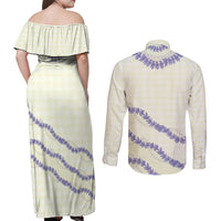 Hawaii Honohono Palaka Motifs Couples Matching Off Shoulder Maxi Dress and Long Sleeve Button Shirt Hawaiian Orchid Lei