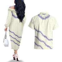 Hawaii Honohono Palaka Motifs Couples Matching Off The Shoulder Long Sleeve Dress and Hawaiian Shirt Hawaiian Orchid Lei