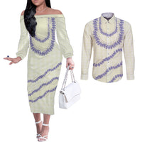 Hawaii Honohono Palaka Motifs Couples Matching Off The Shoulder Long Sleeve Dress and Long Sleeve Button Shirt Hawaiian Orchid Lei