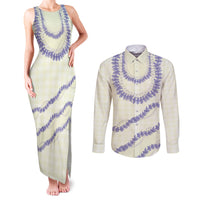 Hawaii Honohono Palaka Motifs Couples Matching Tank Maxi Dress and Long Sleeve Button Shirt Hawaiian Orchid Lei