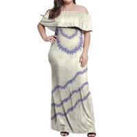 Hawaii Honohono Palaka Motifs Off Shoulder Maxi Dress Hawaiian Orchid Lei