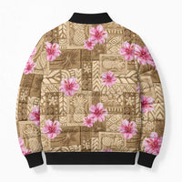 Beige Hawaii Hibiscus With Tropical Flowers Motifs Bomber Puffer Jacket - Polynesian Pride
