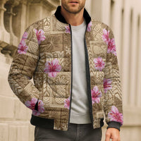 Beige Hawaii Hibiscus With Tropical Flowers Motifs Bomber Puffer Jacket - Polynesian Pride