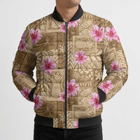 Beige Hawaii Hibiscus With Tropical Flowers Motifs Bomber Puffer Jacket - Polynesian Pride