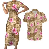 Beige Hawaii Hibiscus With Tropical Flowers Motifs Couples Matching Short Sleeve Bodycon Dress and Hawaiian Shirt - Polynesian Pride