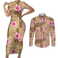 Beige Hawaii Hibiscus With Tropical Flowers Motifs Couples Matching Short Sleeve Bodycon Dress and Long Sleeve Button Shirt - Polynesian Pride
