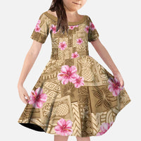 Beige Hawaii Hibiscus With Tropical Flowers Motifs Family Matching Off The Shoulder Long Sleeve Dress and Hawaiian Shirt - Polynesian Pride