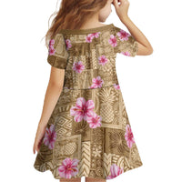Beige Hawaii Hibiscus With Tropical Flowers Motifs Family Matching Off The Shoulder Long Sleeve Dress and Hawaiian Shirt - Polynesian Pride