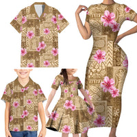 Beige Hawaii Hibiscus With Tropical Flowers Motifs Family Matching Short Sleeve Bodycon Dress and Hawaiian Shirt - Polynesian Pride