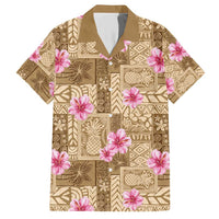 Beige Hawaii Hibiscus With Tropical Flowers Motifs Family Matching Short Sleeve Bodycon Dress and Hawaiian Shirt - Polynesian Pride