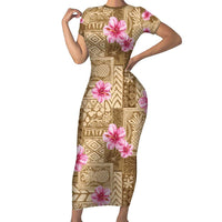Beige Hawaii Hibiscus With Tropical Flowers Motifs Family Matching Short Sleeve Bodycon Dress and Hawaiian Shirt - Polynesian Pride