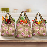 Beige Hawaii Hibiscus With Tropical Flowers Motifs Grocery Bag - Polynesian Pride