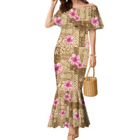 Beige Hawaii Hibiscus With Tropical Flowers Motifs Mermaid Dress - Polynesian Pride