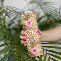 Beige Hawaii Hibiscus With Tropical Flowers Motifs Skinny Tumbler - Polynesian Pride