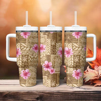 Beige Hawaii Hibiscus With Tropical Flowers Motifs Tumbler With Handle - Polynesian Pride