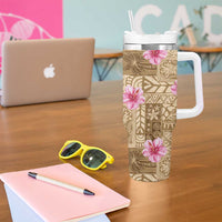 Beige Hawaii Hibiscus With Tropical Flowers Motifs Tumbler With Handle - Polynesian Pride