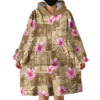 Beige Hawaii Hibiscus With Tropical Flowers Motifs Wearable Blanket Hoodie - Polynesian Pride