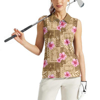Beige Hawaii Hibiscus With Tropical Flowers Motifs Women Sleeveless Polo Shirt - Polynesian Pride