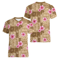 Beige Hawaii Hibiscus With Tropical Flowers Motifs Women V-Neck T-Shirt - Polynesian Pride