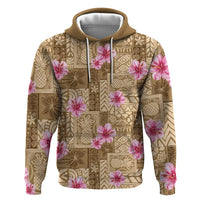 Beige Hawaii Hibiscus With Tropical Flowers Motifs Zip Hoodie - Polynesian Pride