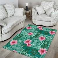 Cyan Hawaii Hibiscus With Tropical Flowers Motifs Area Rug - Polynesian Pride