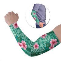 Cyan Hawaii Hibiscus With Tropical Flowers Motifs Arm Sleeves - Polynesian Pride